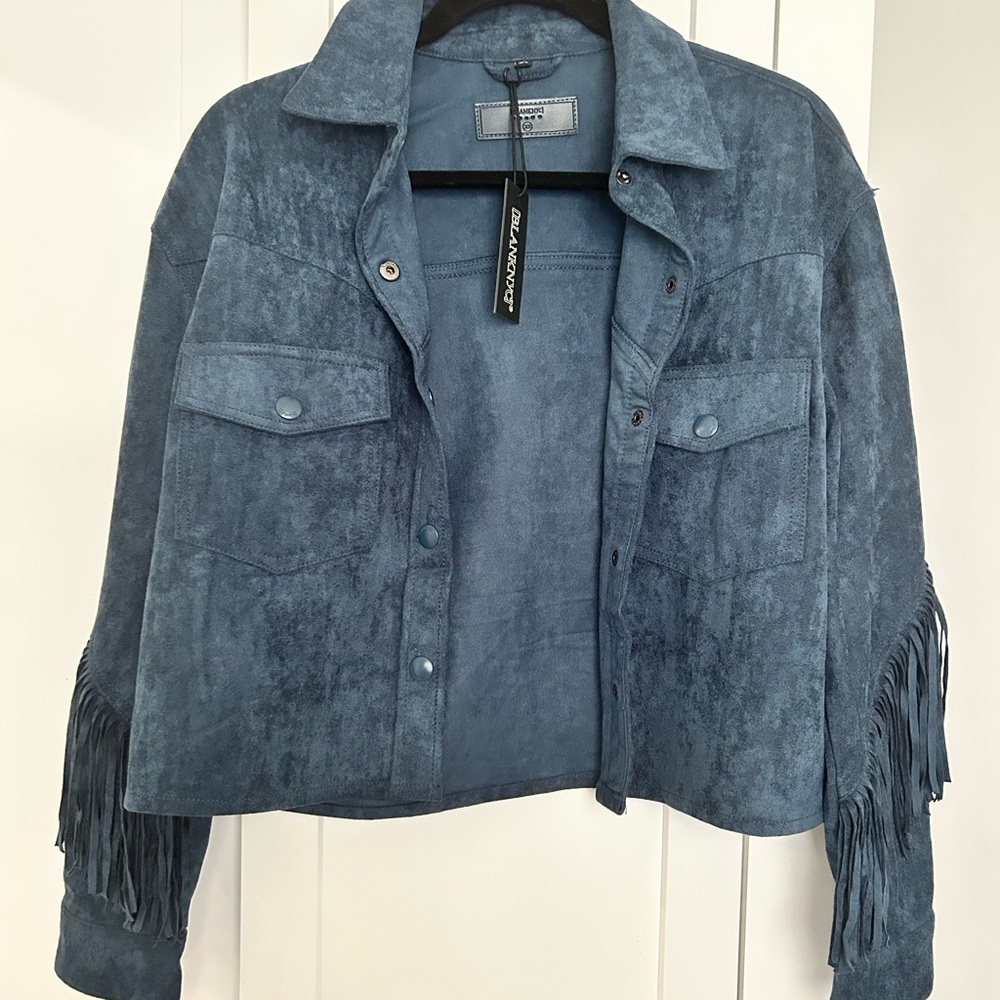 Blank NYC Blue Leather Fringe Jacket